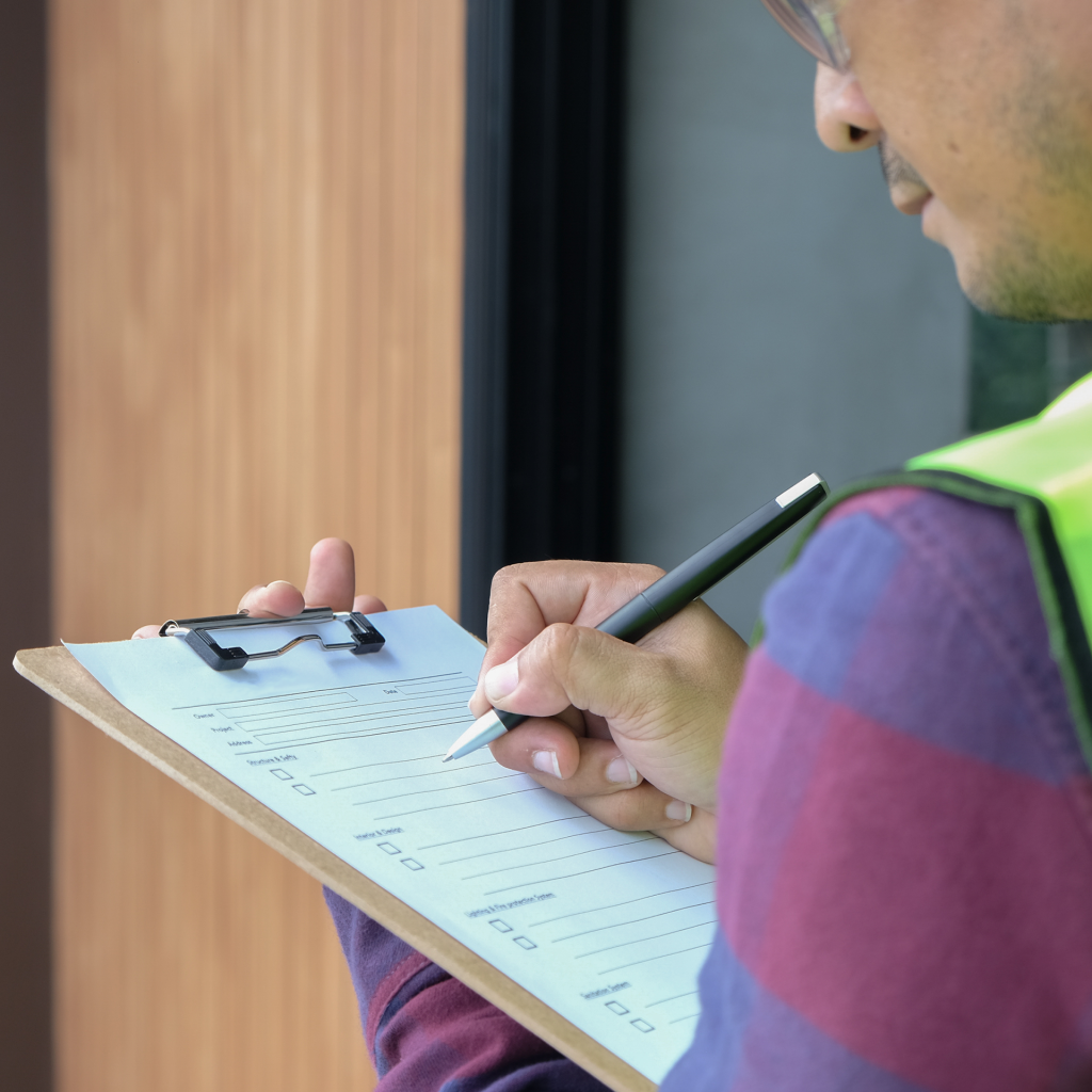 An engineer writing on a clipboard to carry out site surveys