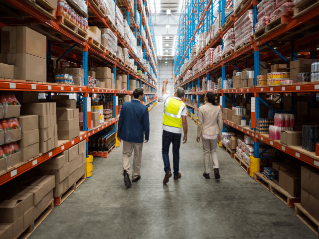 Two men and a woman walking through a warehouse